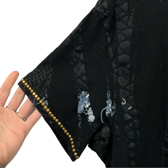 Robin’s Jean Black Snake Skin Denim Fray Patch Work Moto T-shirt Mens Size 2XL - Picture 4 of 8